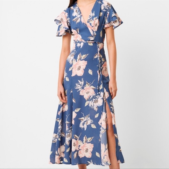French Connection Cari Floral Print Surplice Maxi Dress Blue - Picture 1 of 12